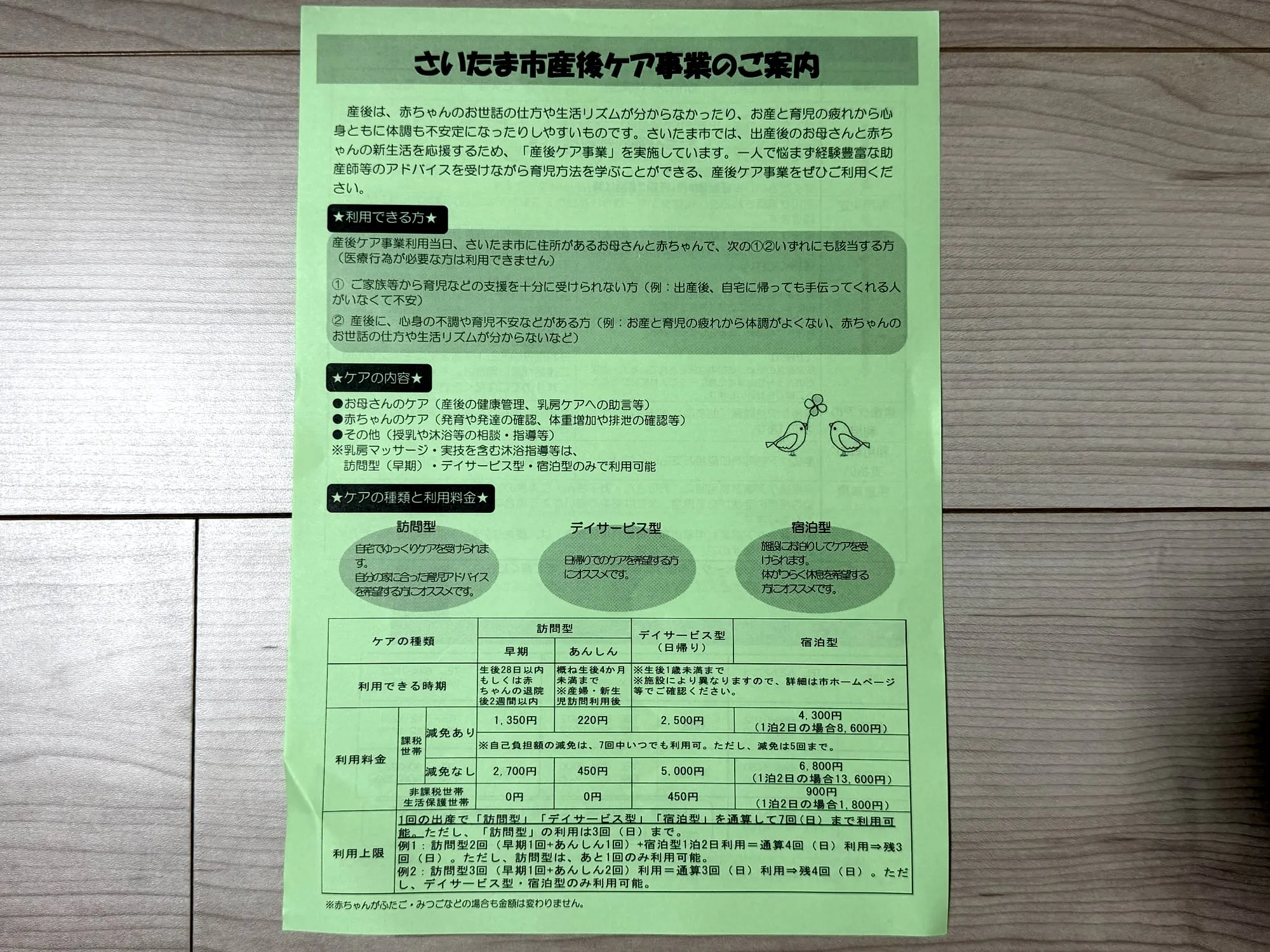 さいたま市産後ケア事業のご案内。訪問型・デイサービス型・宿泊型それぞれの利用料金表が載っている